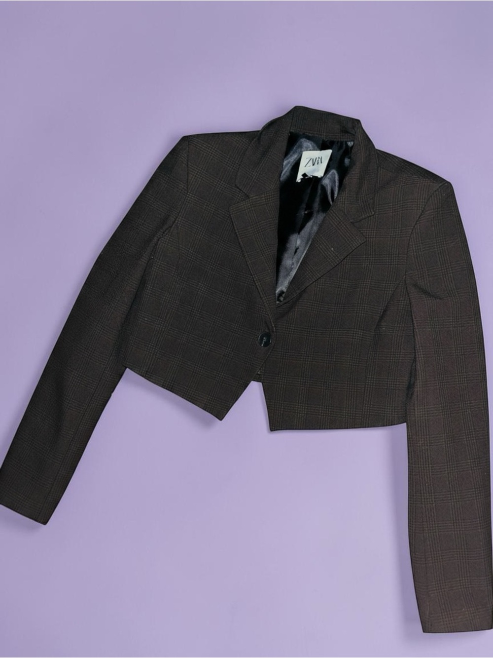 ZARA Black Plaid Cropped Blazer Jacket Single Button Size S